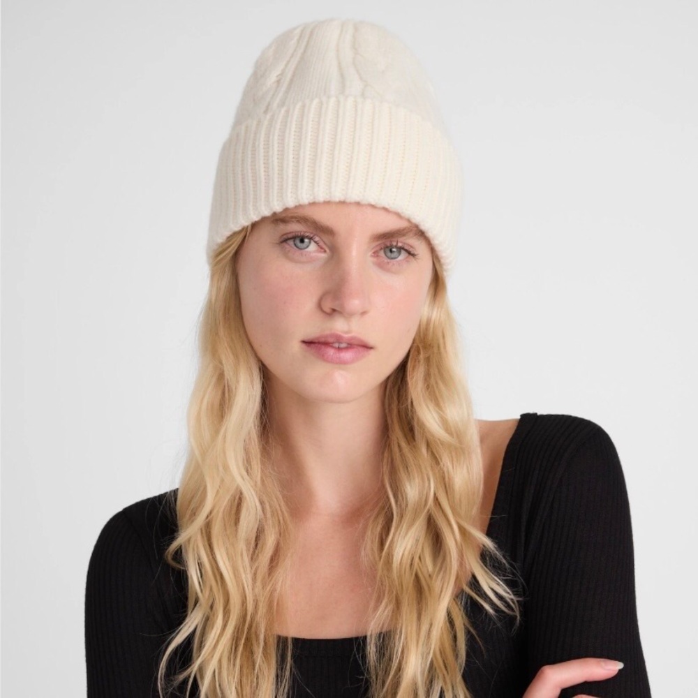 $68 NWT Madewell White Wool Cashmere Chunky Cable Ribbed Knit Beanie Hat
